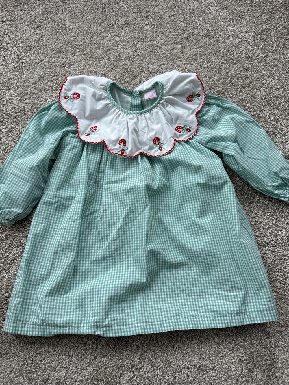 Stitchy Fish Green Gingham Dress with Embroidered Candy Canes- 2T